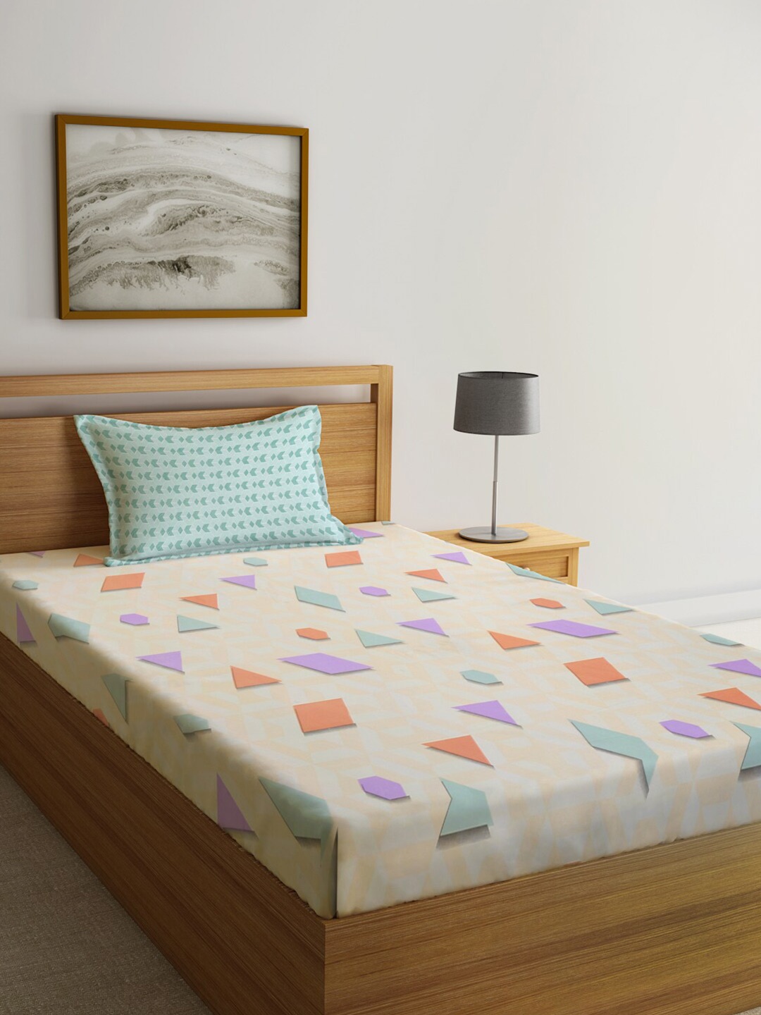 

KLOTTHE Book Fold Cream & Orange Colored Printed 300 TC Single Bedsheet & 1 Pillow Cover