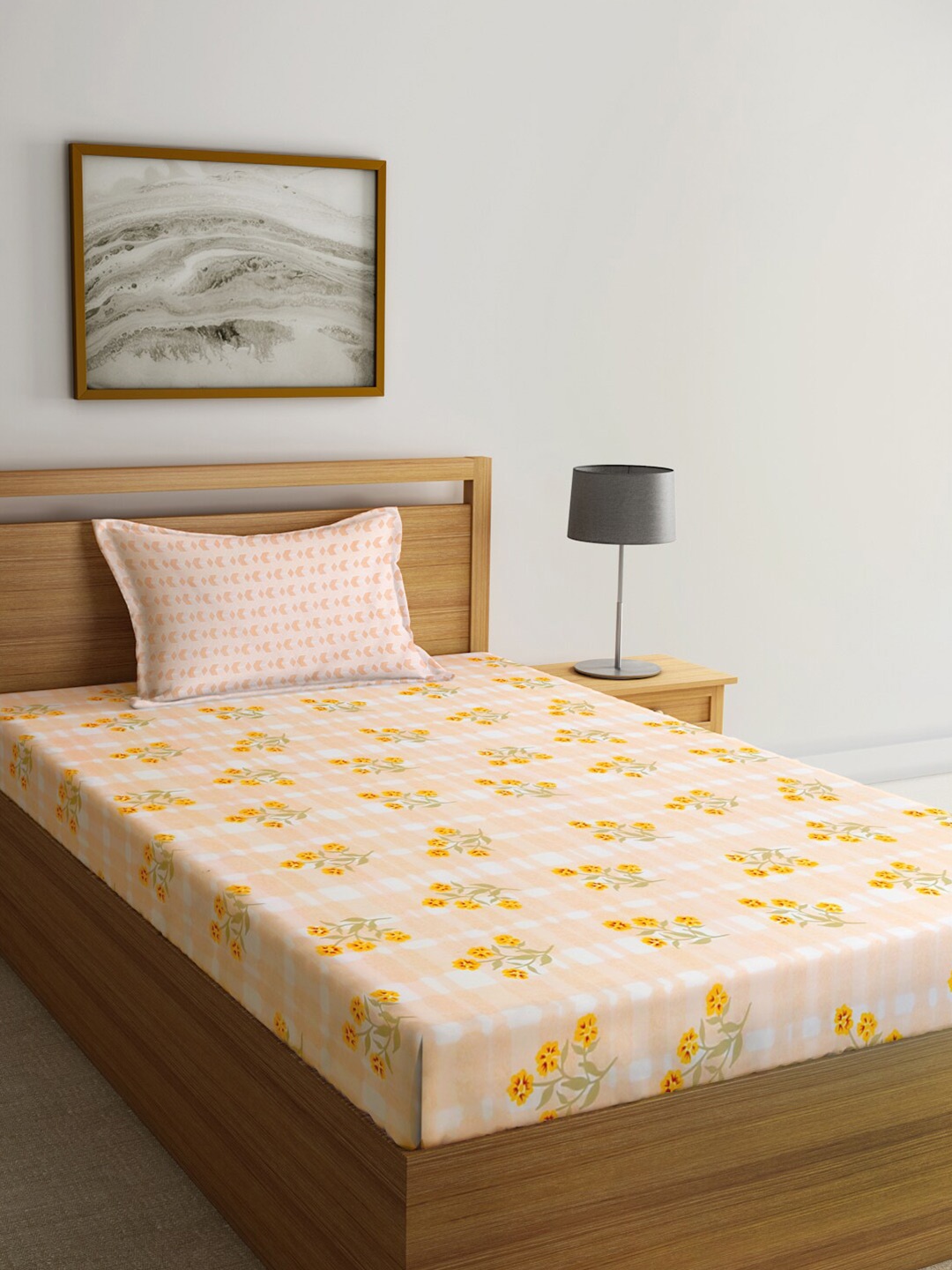 

KLOTTHE Orange & White Floral Printed 300TC Single Bedsheet With 1 Pillow Cover