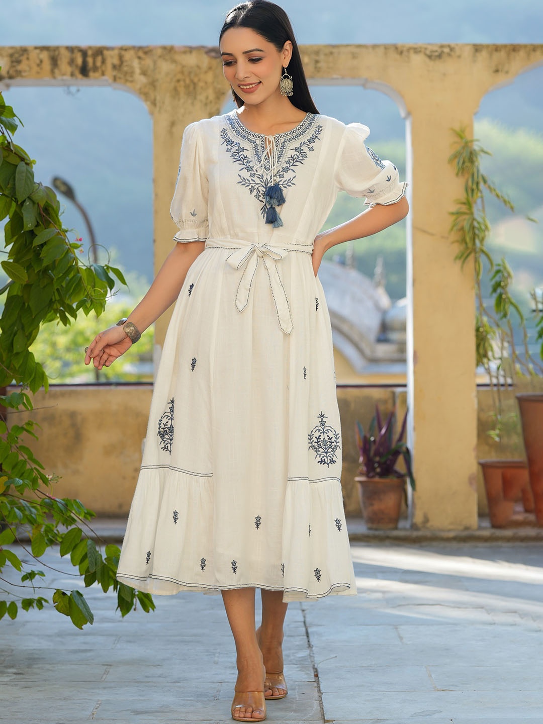 

Juniper White & Blue Embroidered Tie-Up Neck Puff Sleeves Midi Flared Ethnic Dress