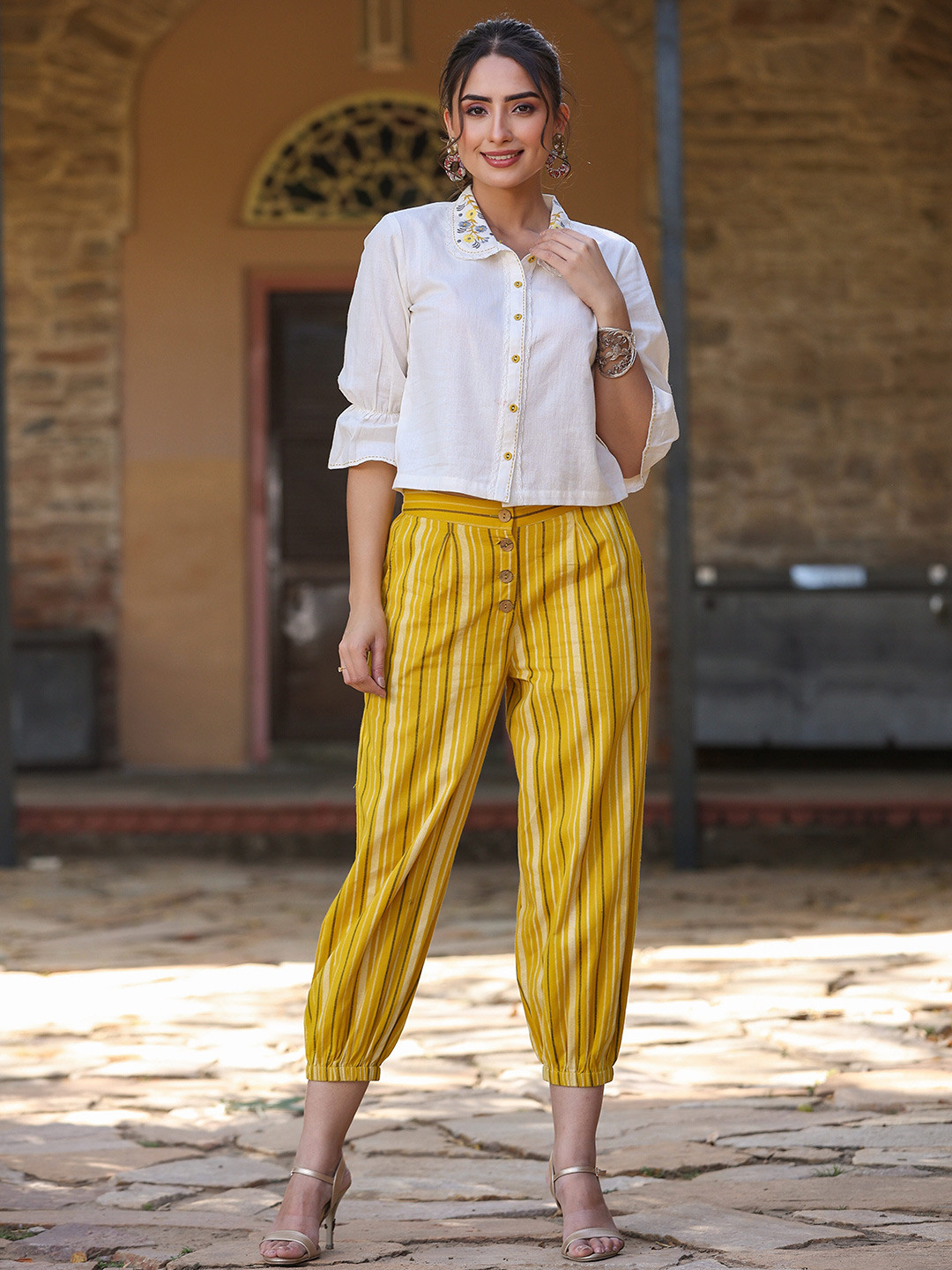 

Juniper Off White Floral Embroidered Pure Cotton Shirt With Trousers