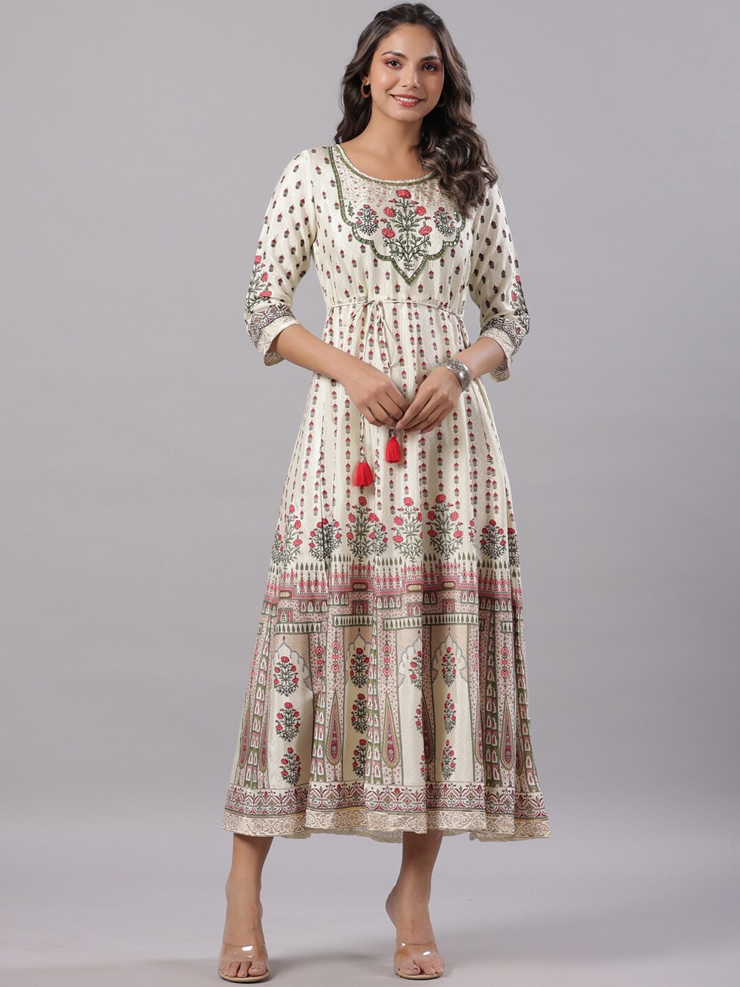 

Juniper White & Red Printed Tie-Ups Detailed Anarkali Maxi Dress, Off white