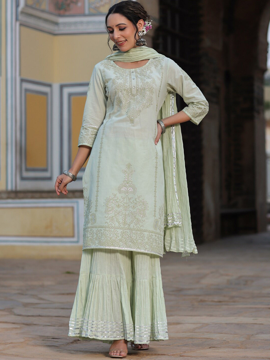 

Juniper Green Ethnic Motifs Printed Sequinned Pure Cotton Kurta with Sharara & Dupatta