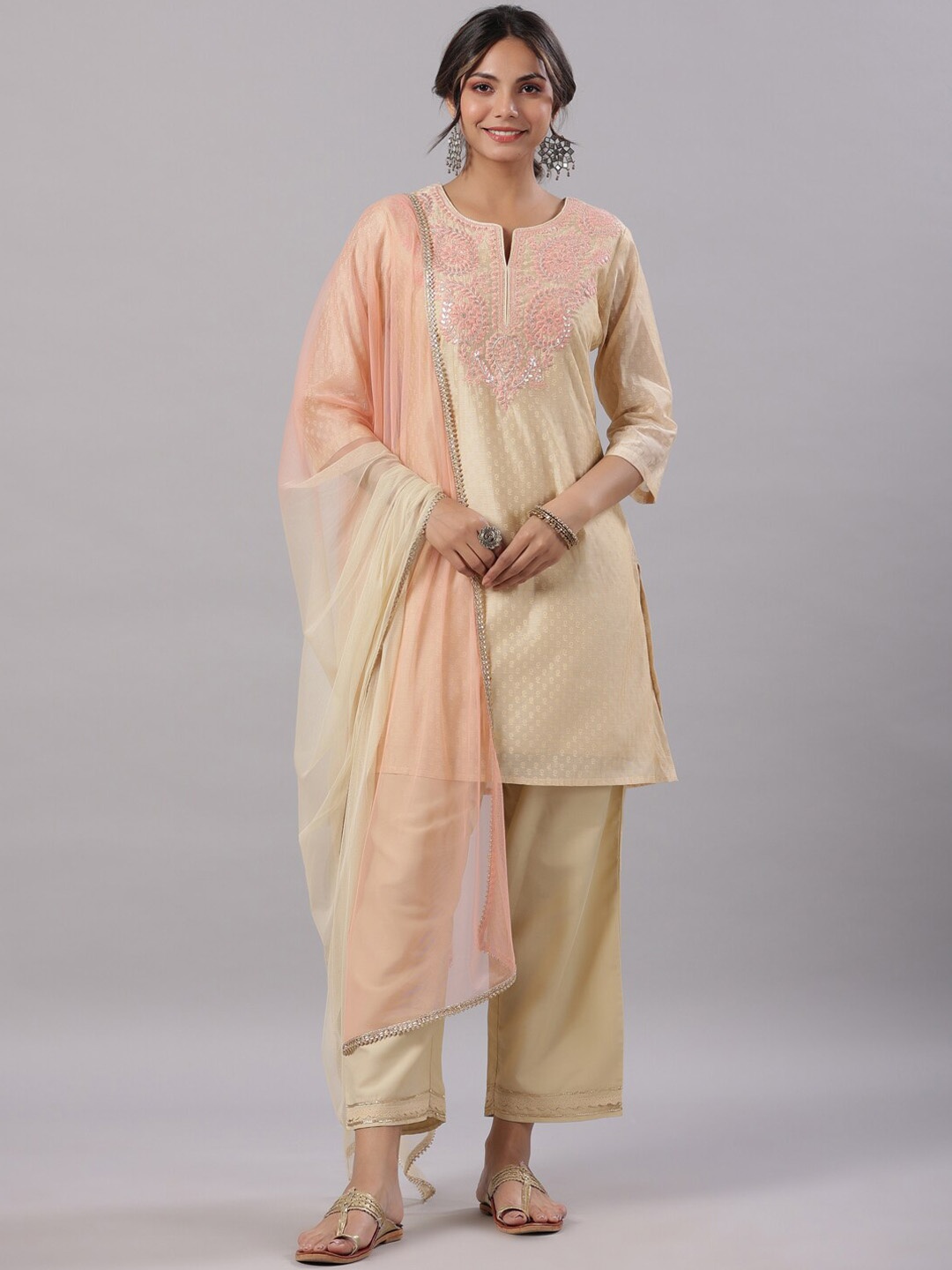 

Juniper Gold Floral Embroidered Sequinned Kurti with Trousers & With Dupatta