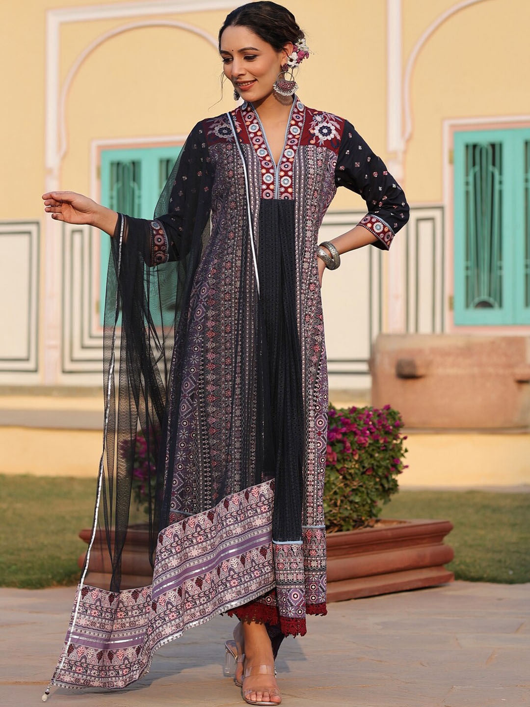 

Juniper Lavender Ethnic Motifs Printed Maxi Cotton Ethnic Dress With Dupatta
