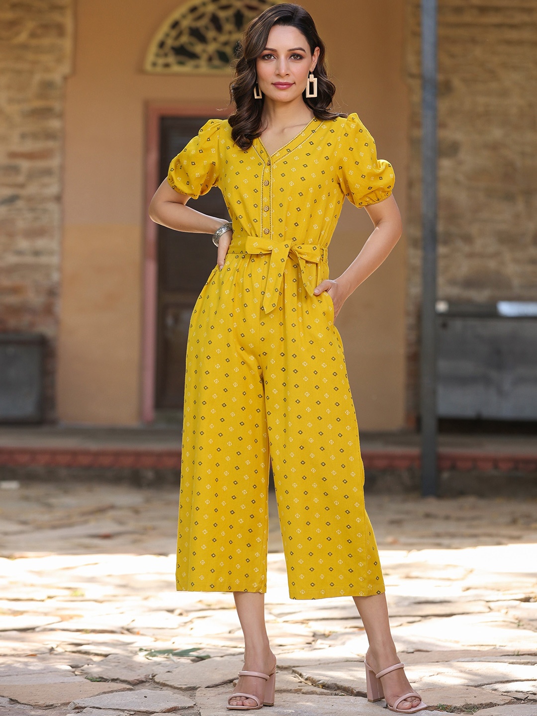 

Juniper Mustard Yellow Ethnic Motifs Printed Puff Sleeves Belted Basic Jumpsuit
