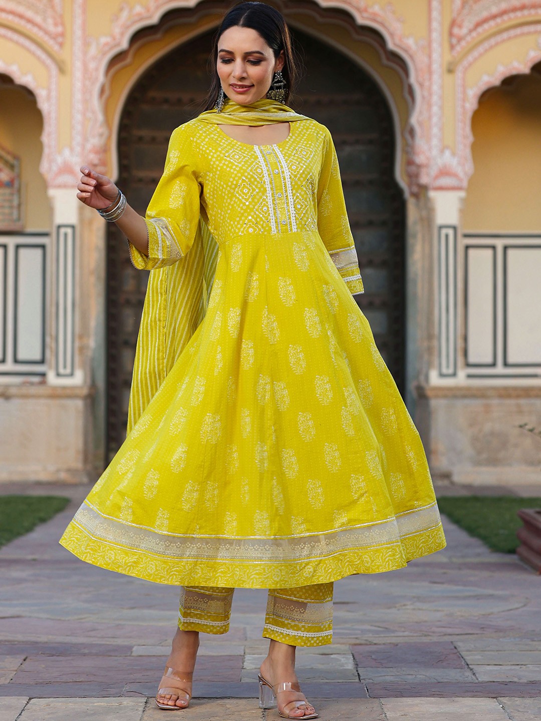 

Juniper Yellow Floral Printed Sequinned Pure Cotton Kurta with Trousers & With Dupatta