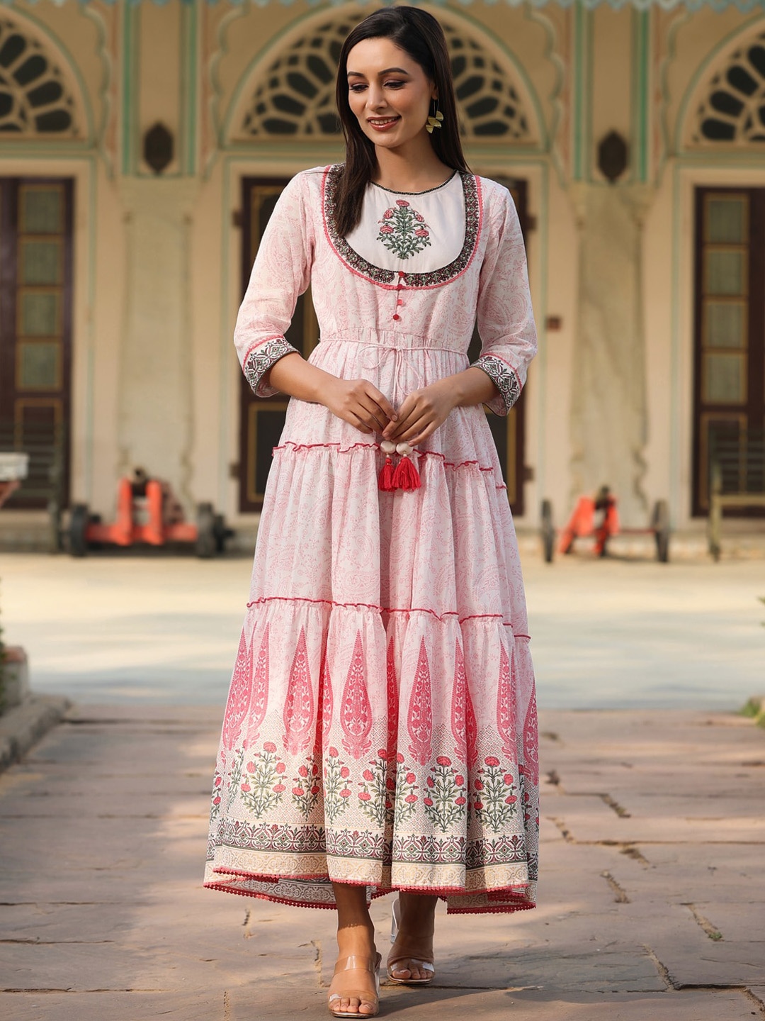 

Juniper White & Pink Printed Cotton Tiered Maxi Ethnic Dresses