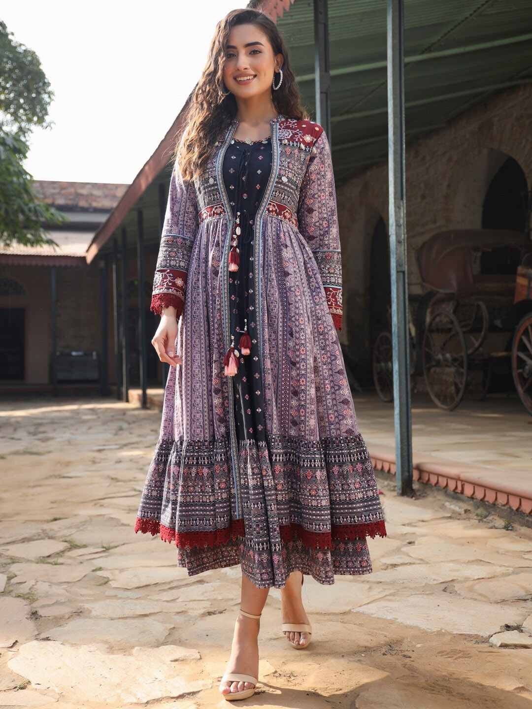 

Juniper Lavender Printed Fit & Flare Maxi Dress With Jacket