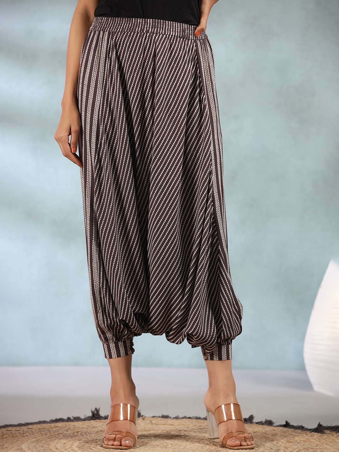 

Juniper Tailored Women Brown Striped High-Rise Loose Fit Easy Wash Drop CrotchTrousers