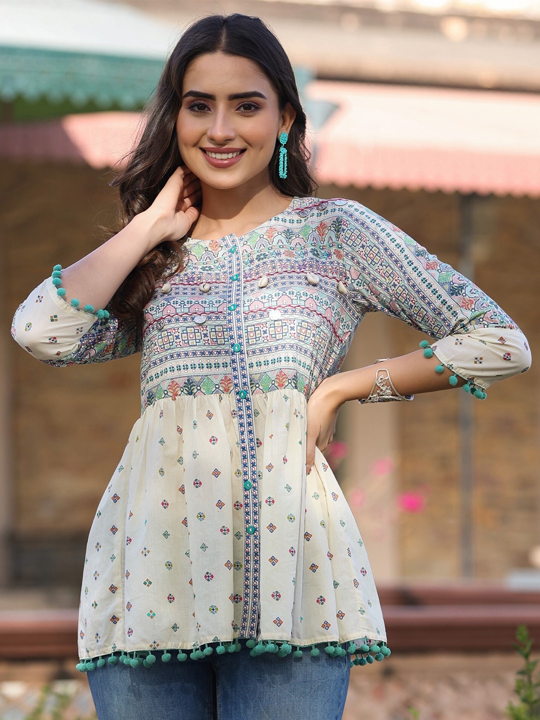 

Juniper White Printed Cotton Peplum Tunic