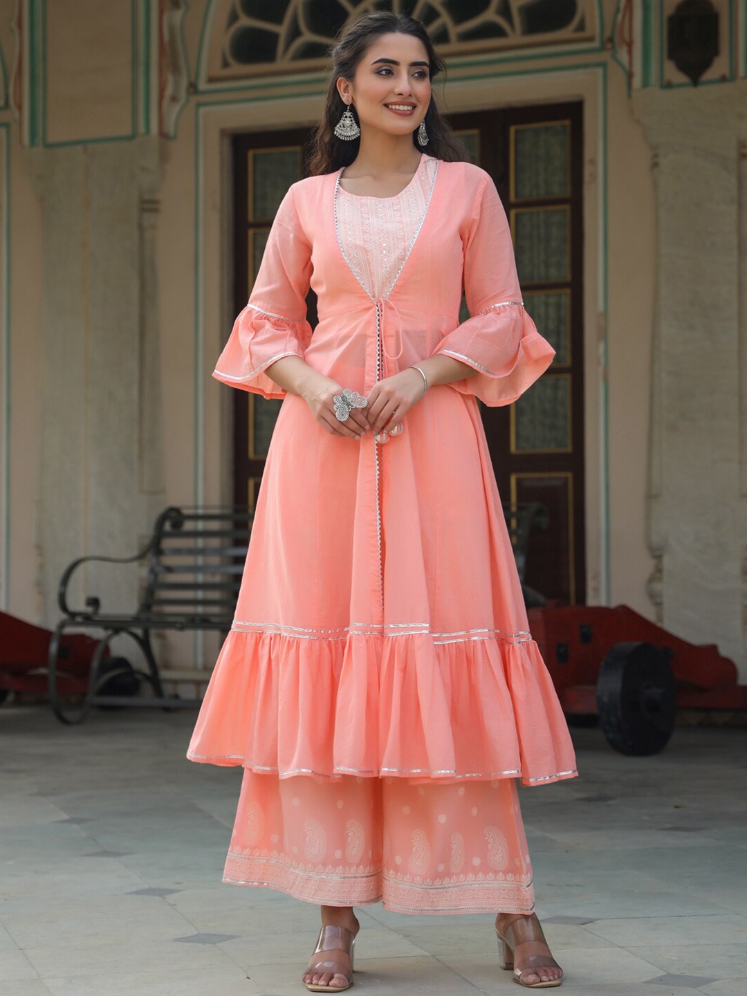 

Juniper Peach-Coloured & White Embroidered Top with Palazzos & Shrug Co-Ord Set