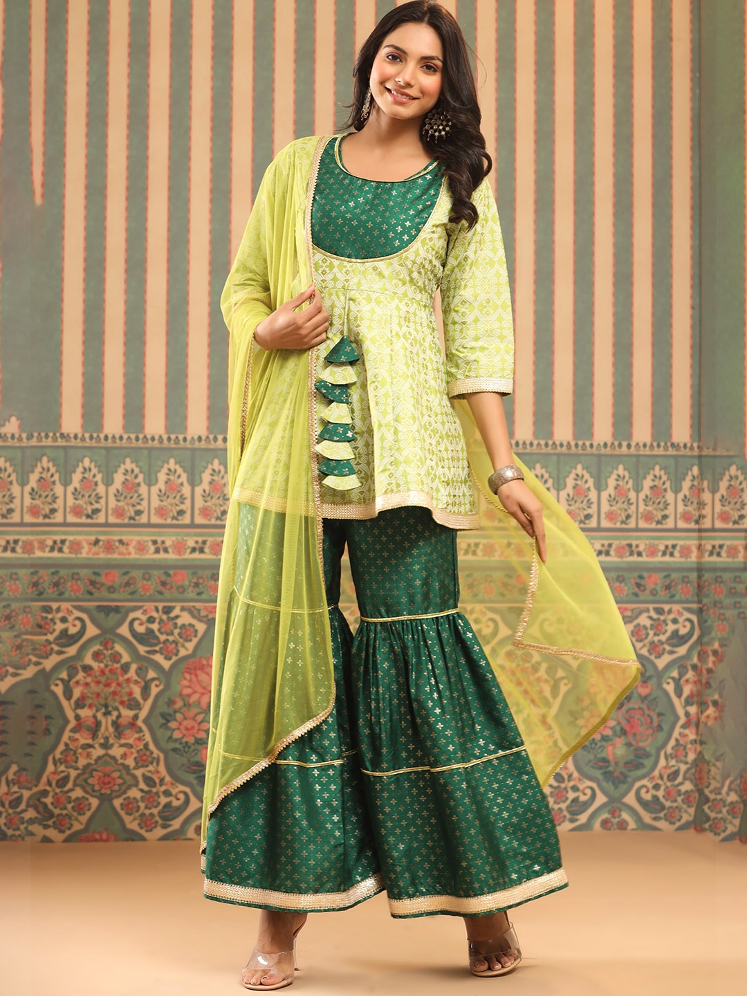 

Juniper Green & Yellow Ethnic Motifs Printed Gotta Patti Kurti With Sharara & Dupatta