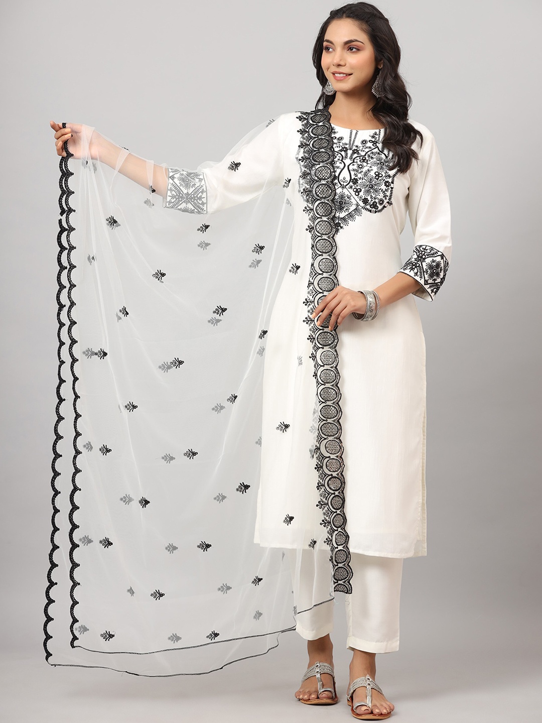 

Juniper White & Black Ethnic Motif Yoke Design Mirror Work Kurta With Trousers & Dupatta