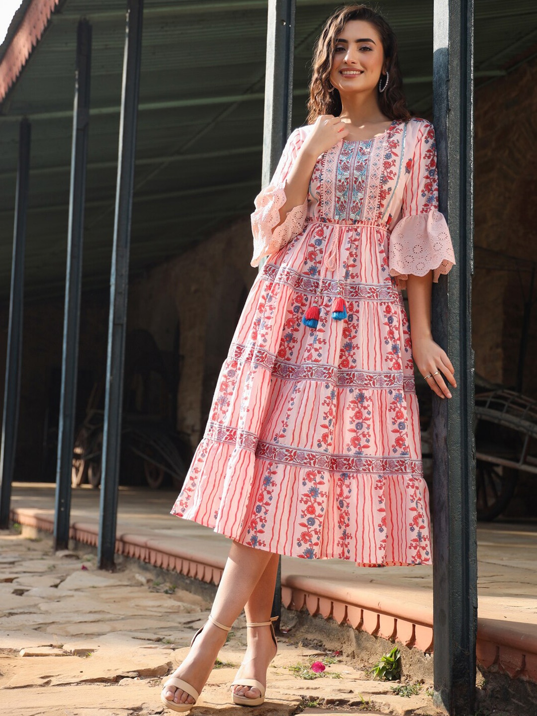 

Juniper Pink & Blue Floral Printed Cotton Bell Sleeves Tiered Midi Dress