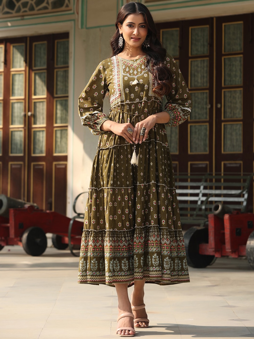 

Juniper Olive Green & Beige Floral Printed Cotton Puff Sleeves Tiered Maxi Dress
