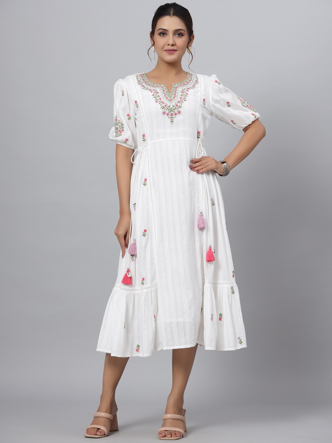 

Juniper White & Pink Floral Embroidered Tie-Ups Detailed Flared Maxi Dress