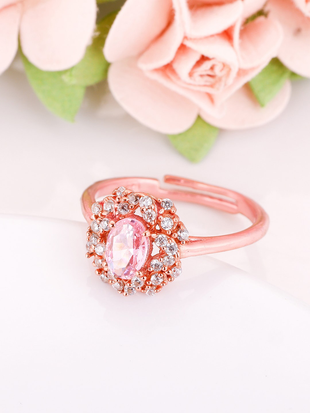 

GIVA Rose Gold-Plated Stone-Studded Flower Shaped Sterling Silver Finger Ring