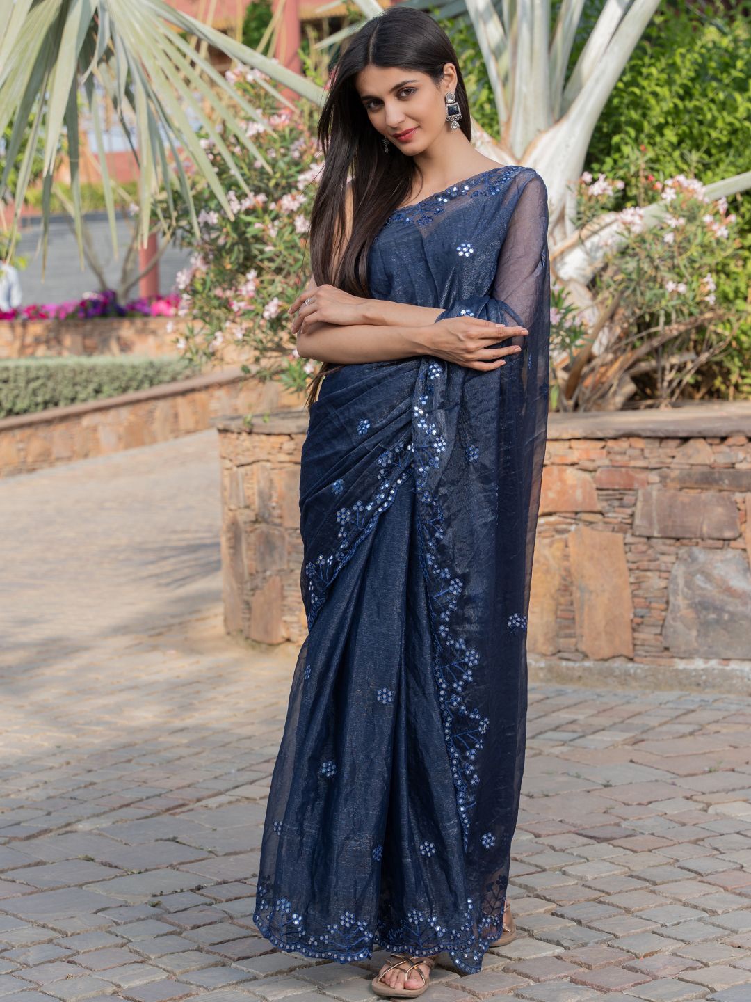 

HOUSE OF JAMOTI Mirror Embellished Saree, Teal
