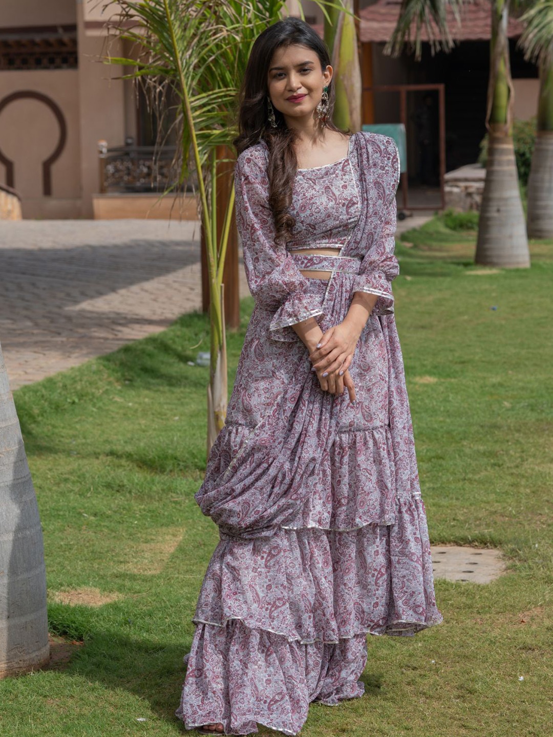 

HOUSE OF JAMOTI Paisley Printed Pure Georgette Ready To Wear Sharara Saree, Grey