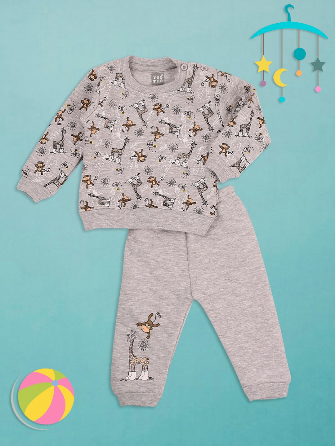 

MeeMee Infants Printed Pure Cotton T-shirt with Pyjamas, Grey