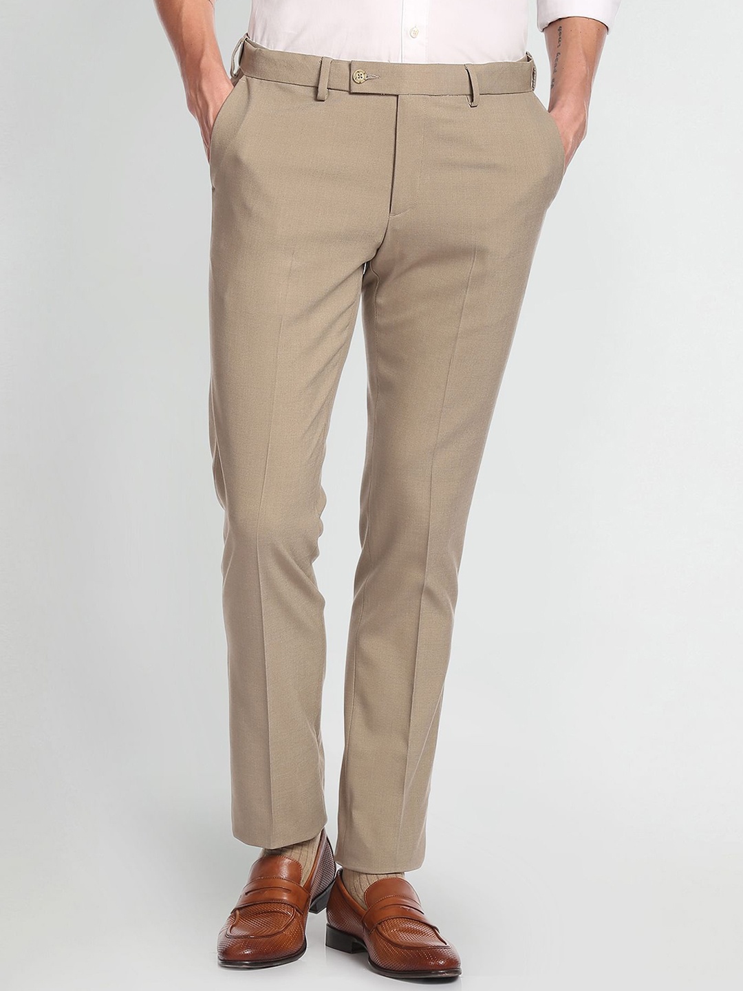 

Arrow Men Solid Dobby Formal Trousers, Beige
