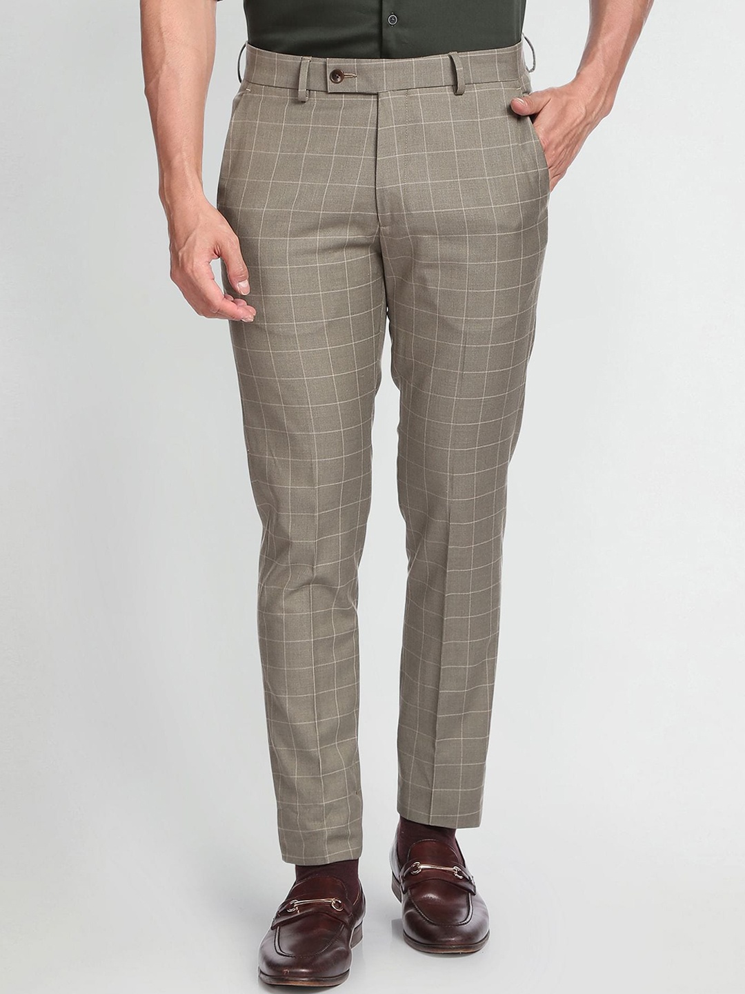 

Arrow Men Checked Slim Fit Smart Flex Formal Trousers, Brown