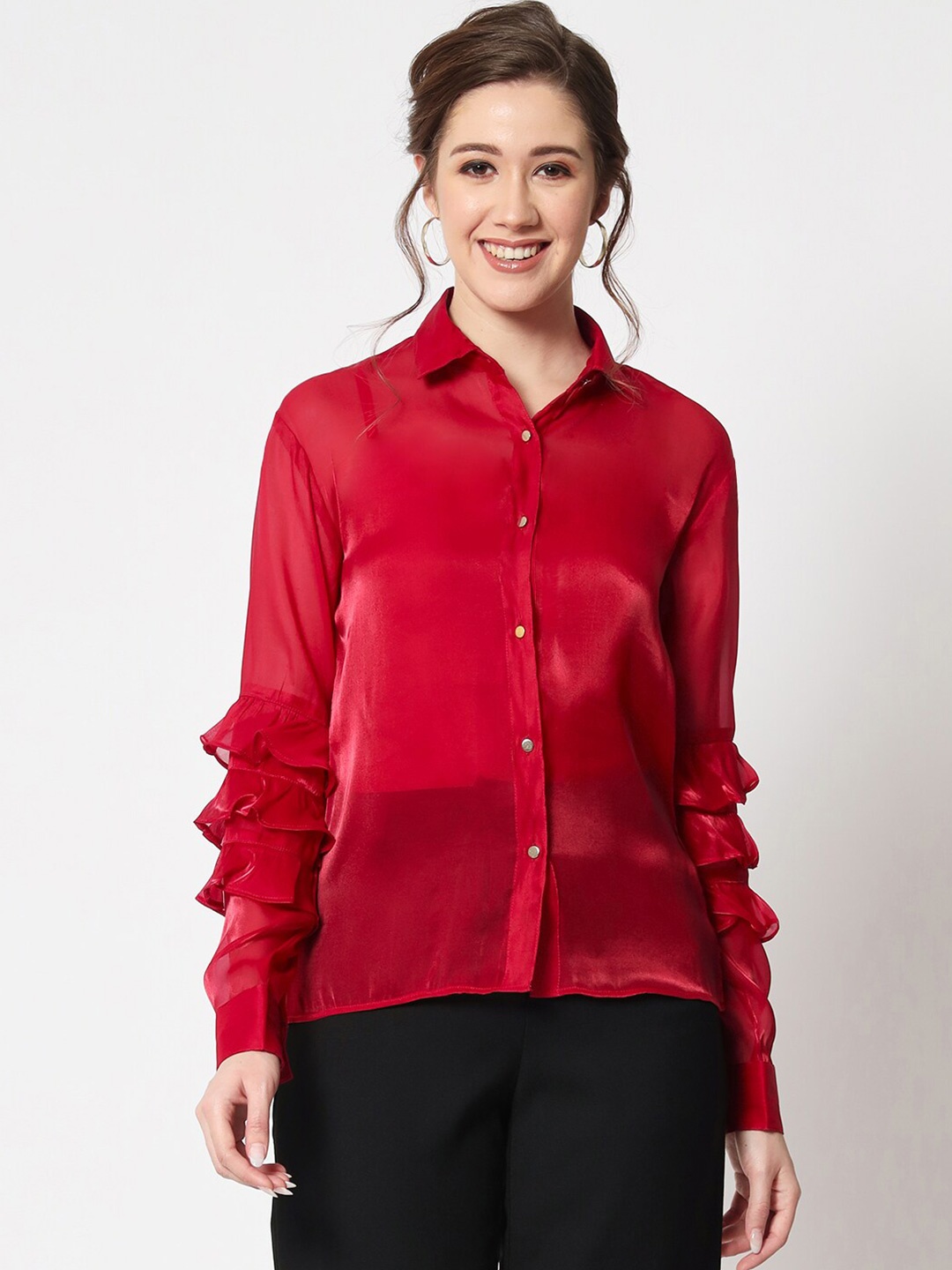 

CHARMGAL Classic Spread Collar Ruffled Party Shirt, Red