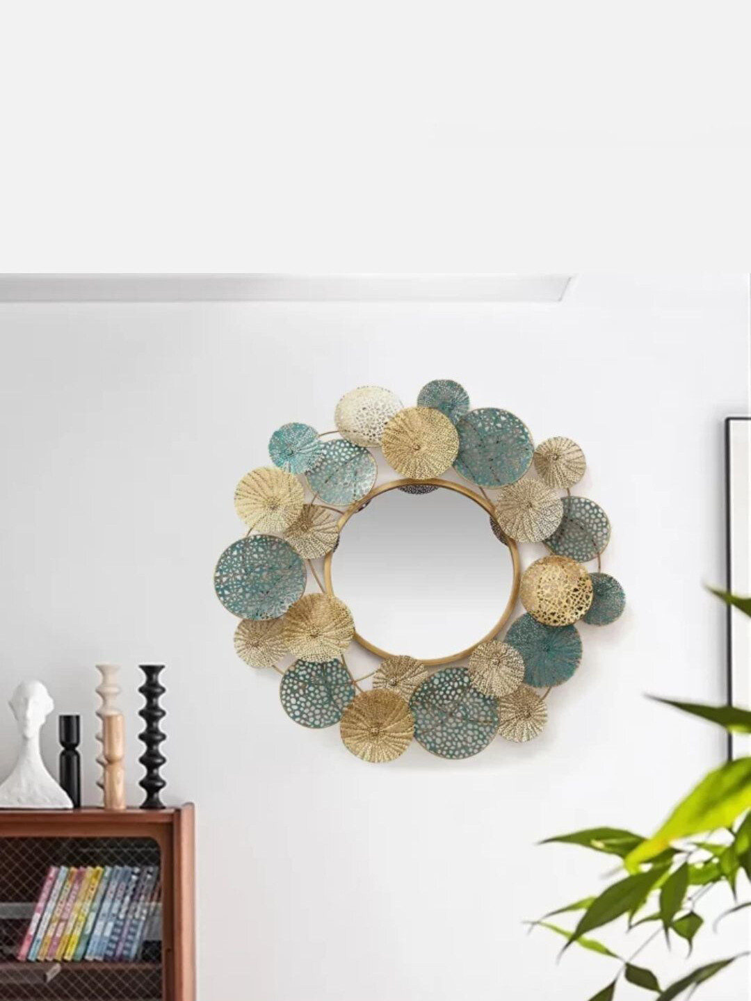 

THE HANDMADE FLAIR Gold-Toned & Blue MDF Framed Irregular Decorative Wall Mirror
