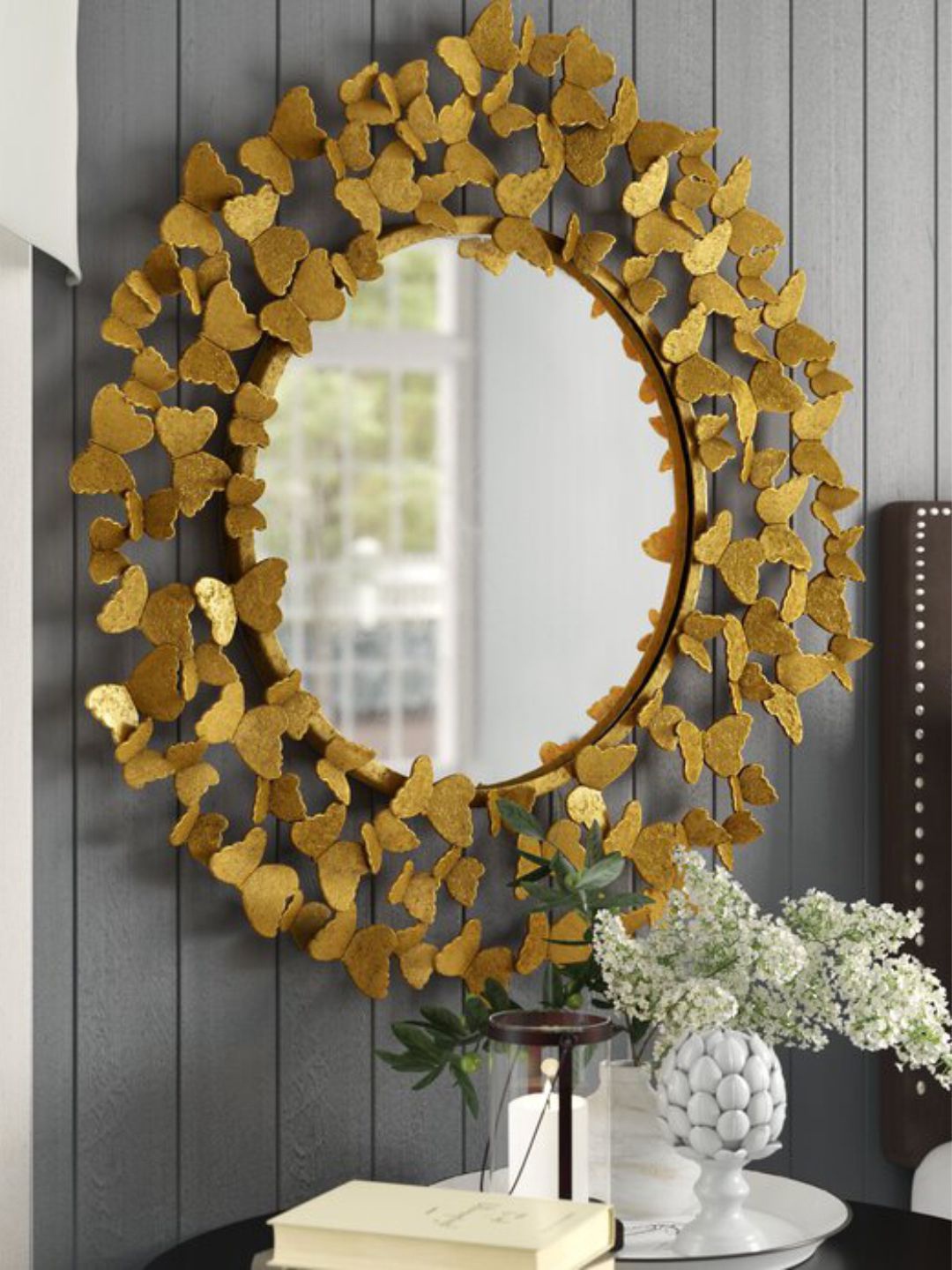 

THE HANDMADE FLAIR Beige Butterfly Design Round Shaped MDF Wall Mirror