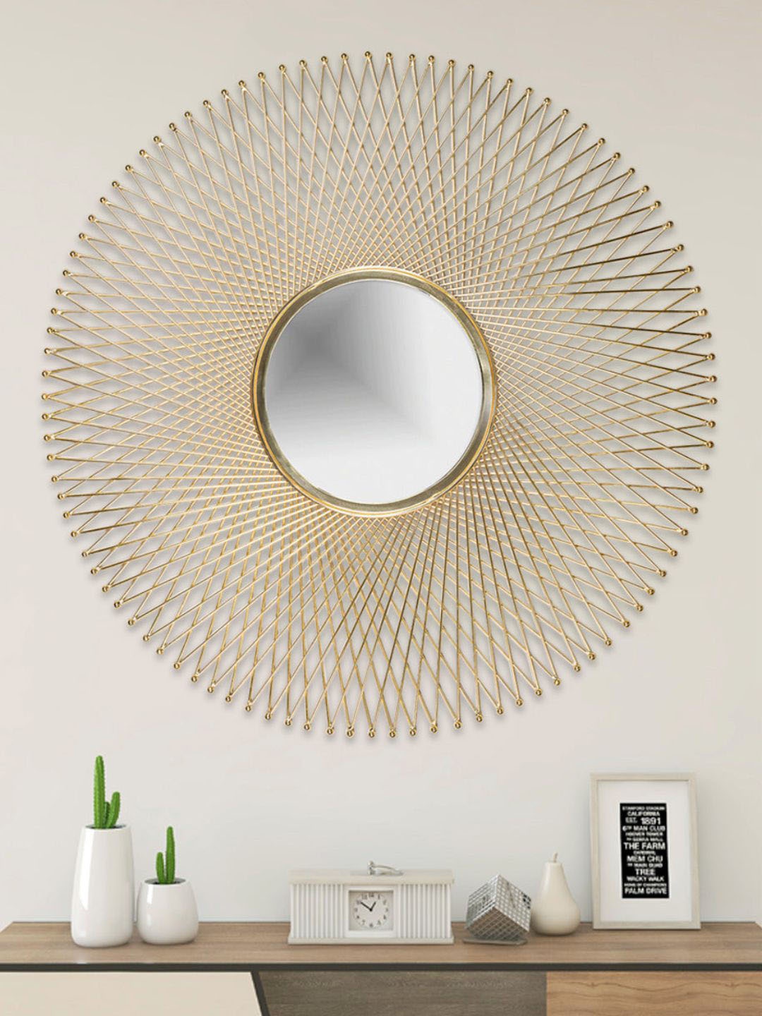 THE HANDMADE FLAIR Beige Round Shaped MDF Wall Mirror