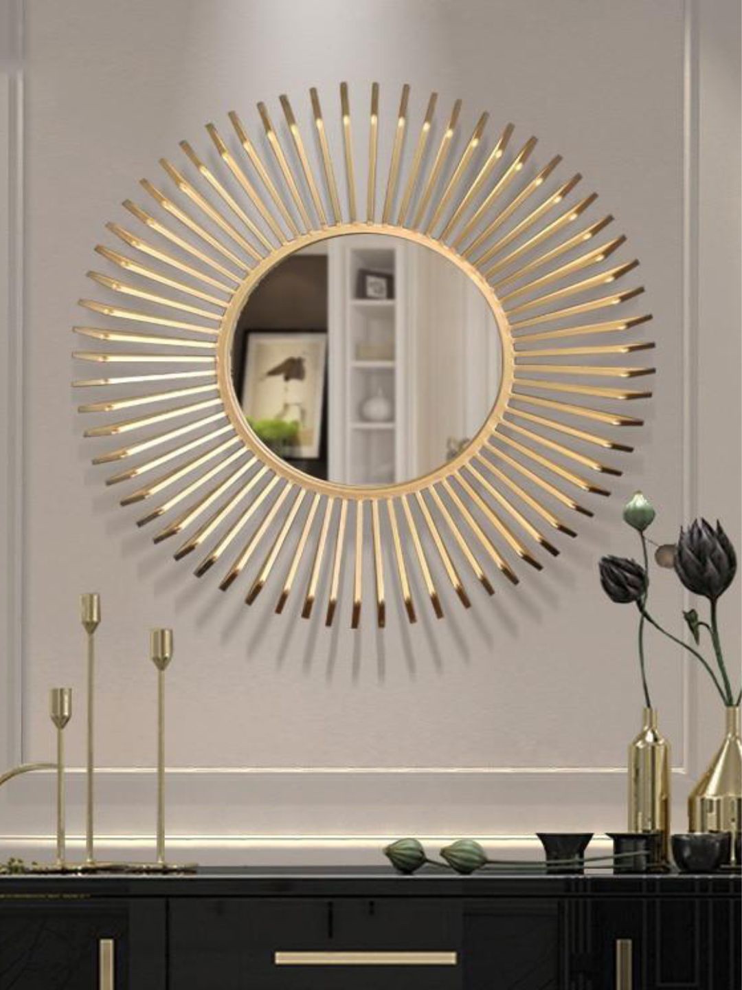 

THE HANDMADE FLAIR Beige Self-Designed Round Shaped MDF Wall Mirror