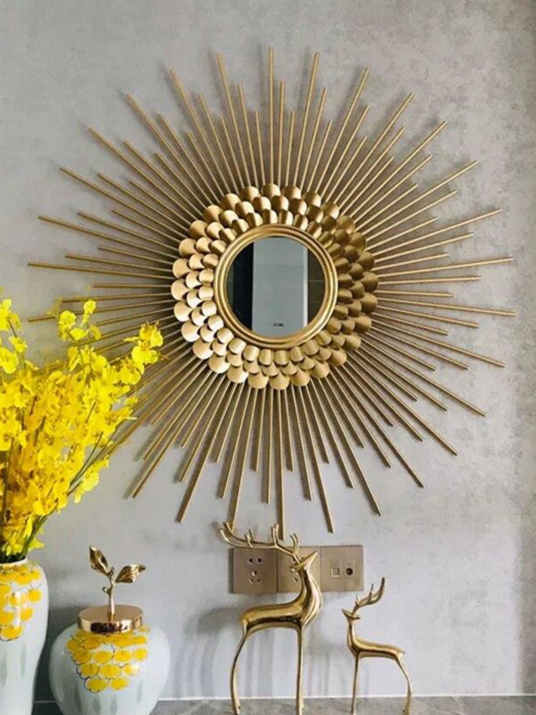 

THE HANDMADE FLAIR Beige Self Designed Round Shaped MDF Wall Mirror