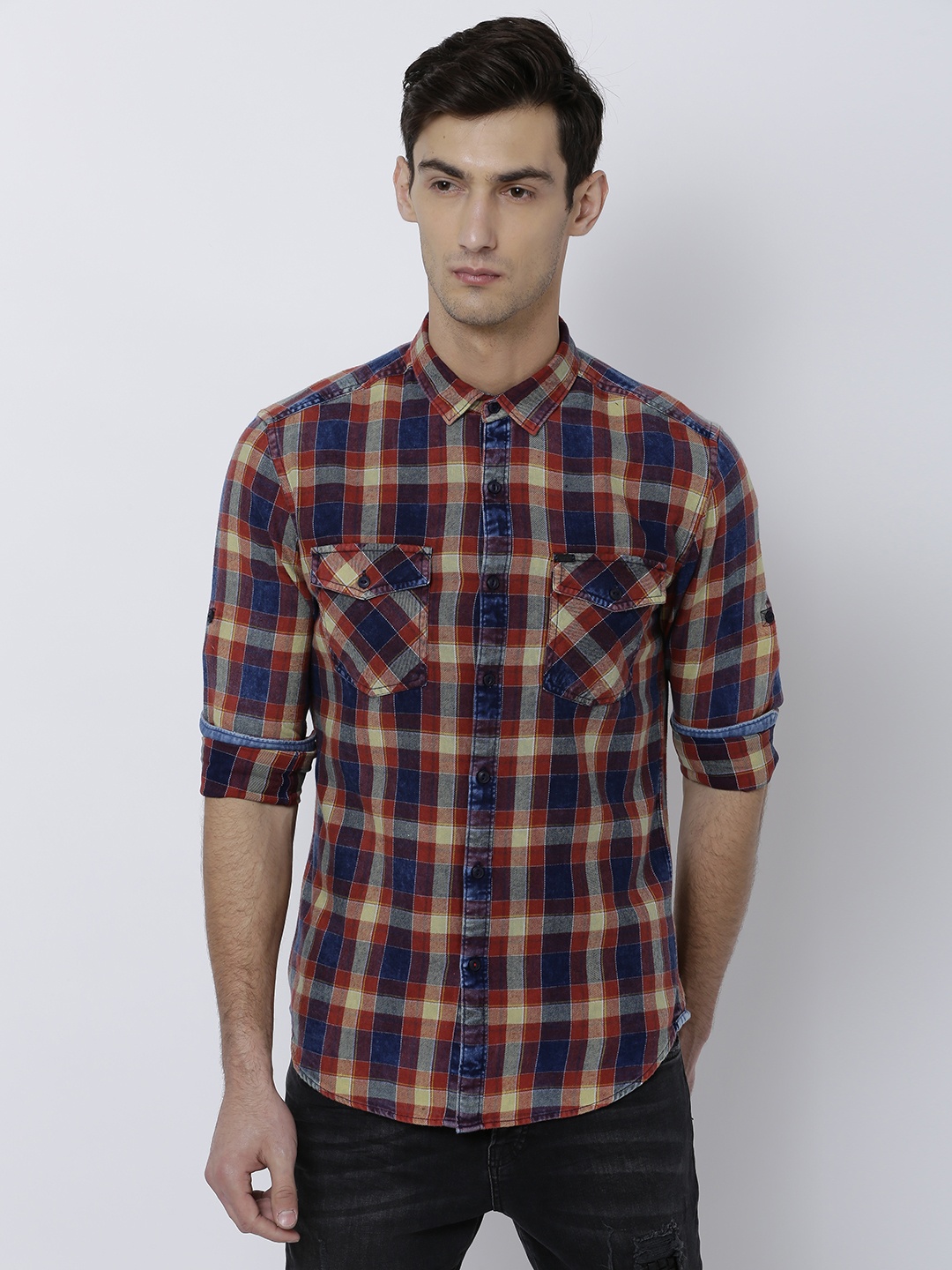 LOCOMOTIVE Men Rust & Blue Slim Fit Checked Casual Shirt