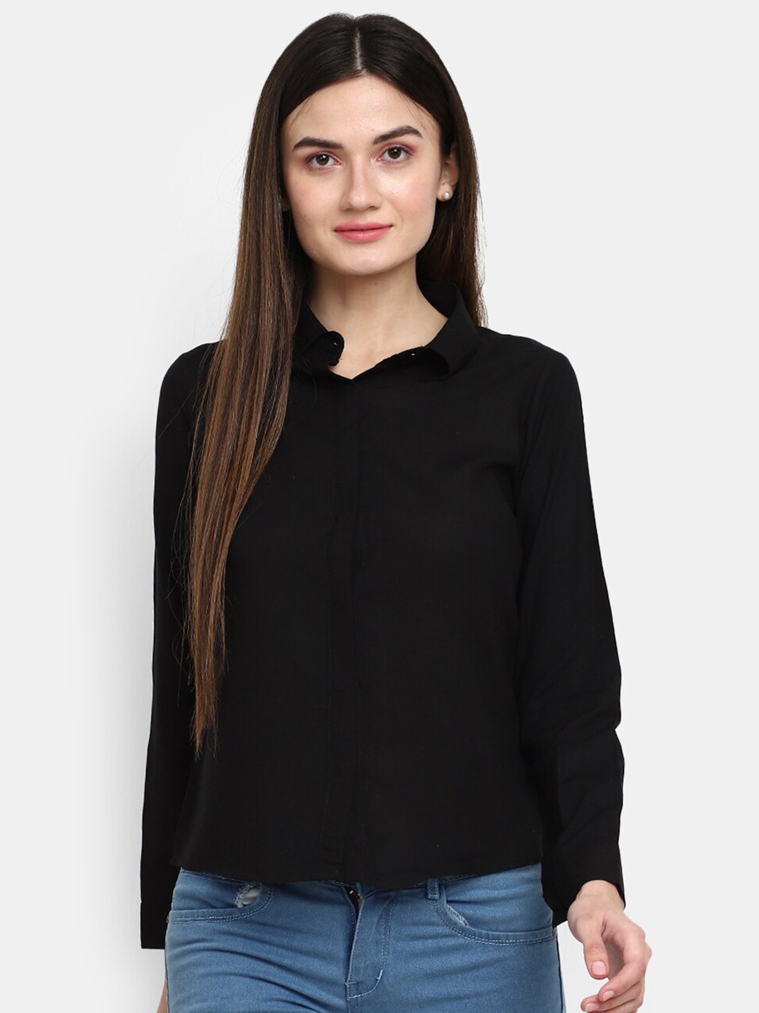 

V-Mart Spread Collar Long Sleeves Casual Shirt, Black