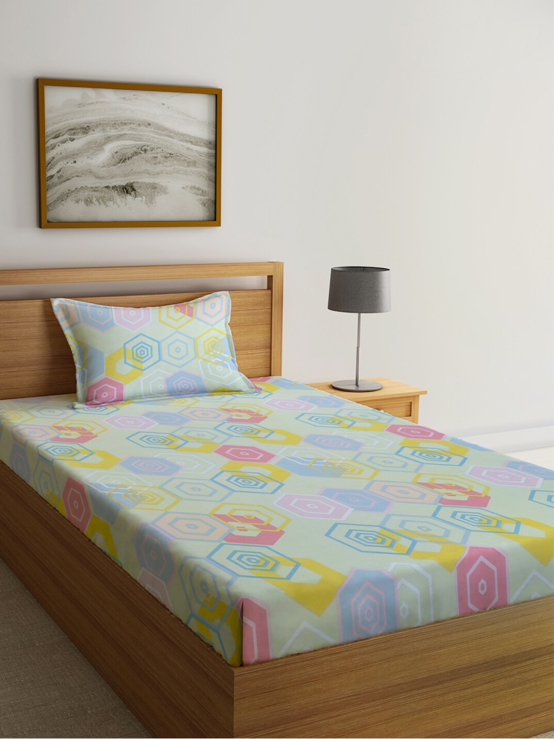 

KLOTTHE Green & Blue Printed 300TC Fitted Single Bedsheet With 1 Pillow Cover