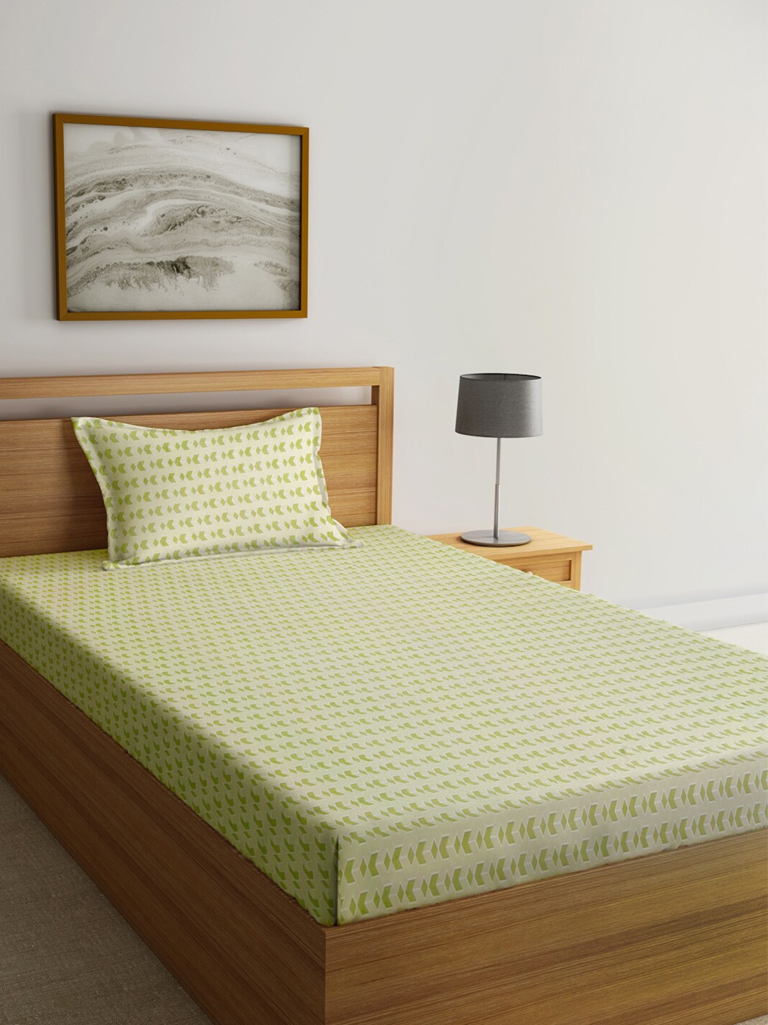 

KLOTTHE Olive Green & White Printed Fitted 300 TC Single Bedsheet & 1 Pillow Cover