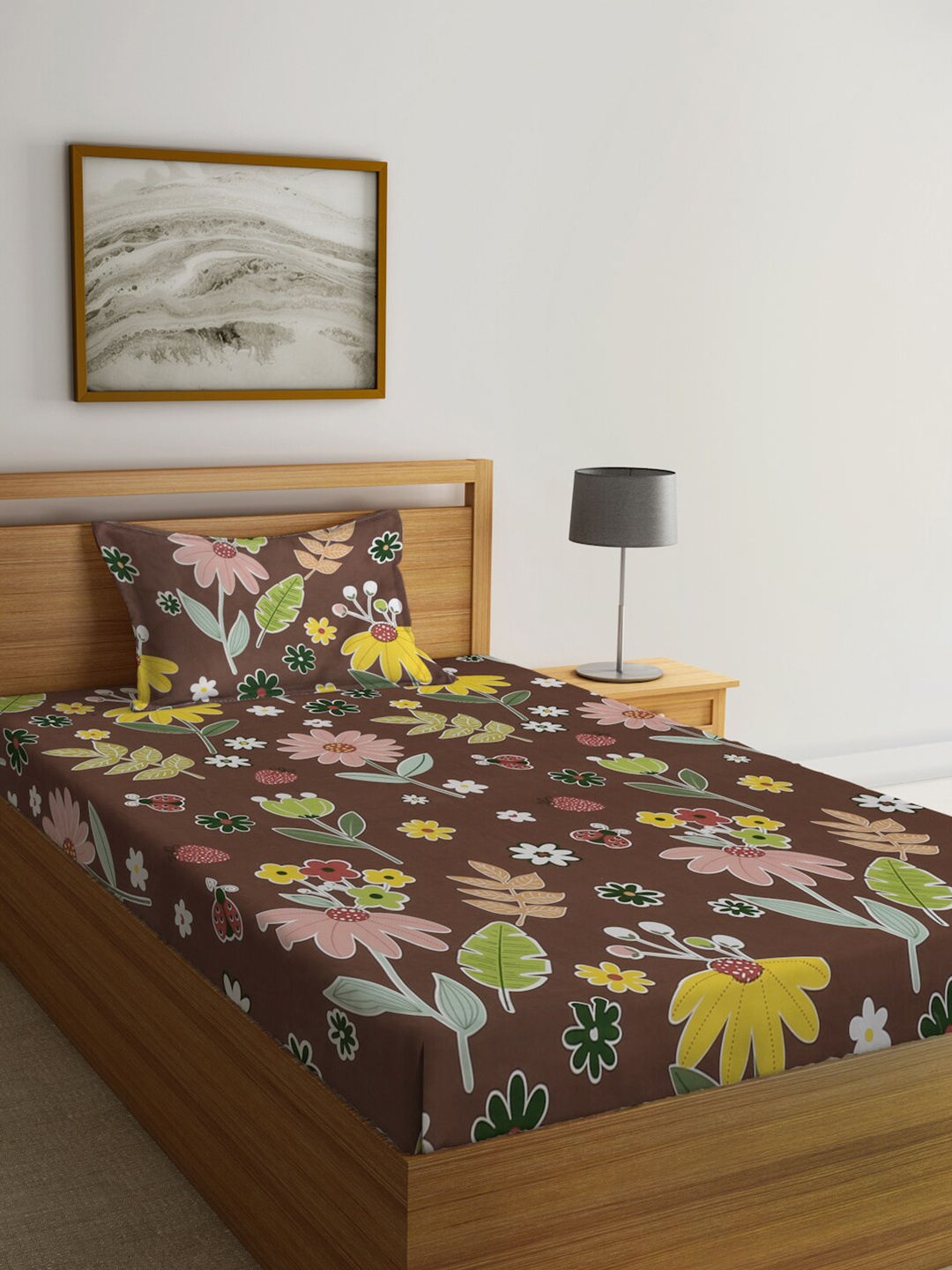 

KLOTTHE Brown & Yellow Floral Printed 300TC Fitted Single Bedsheet With 1 Pillow Cover