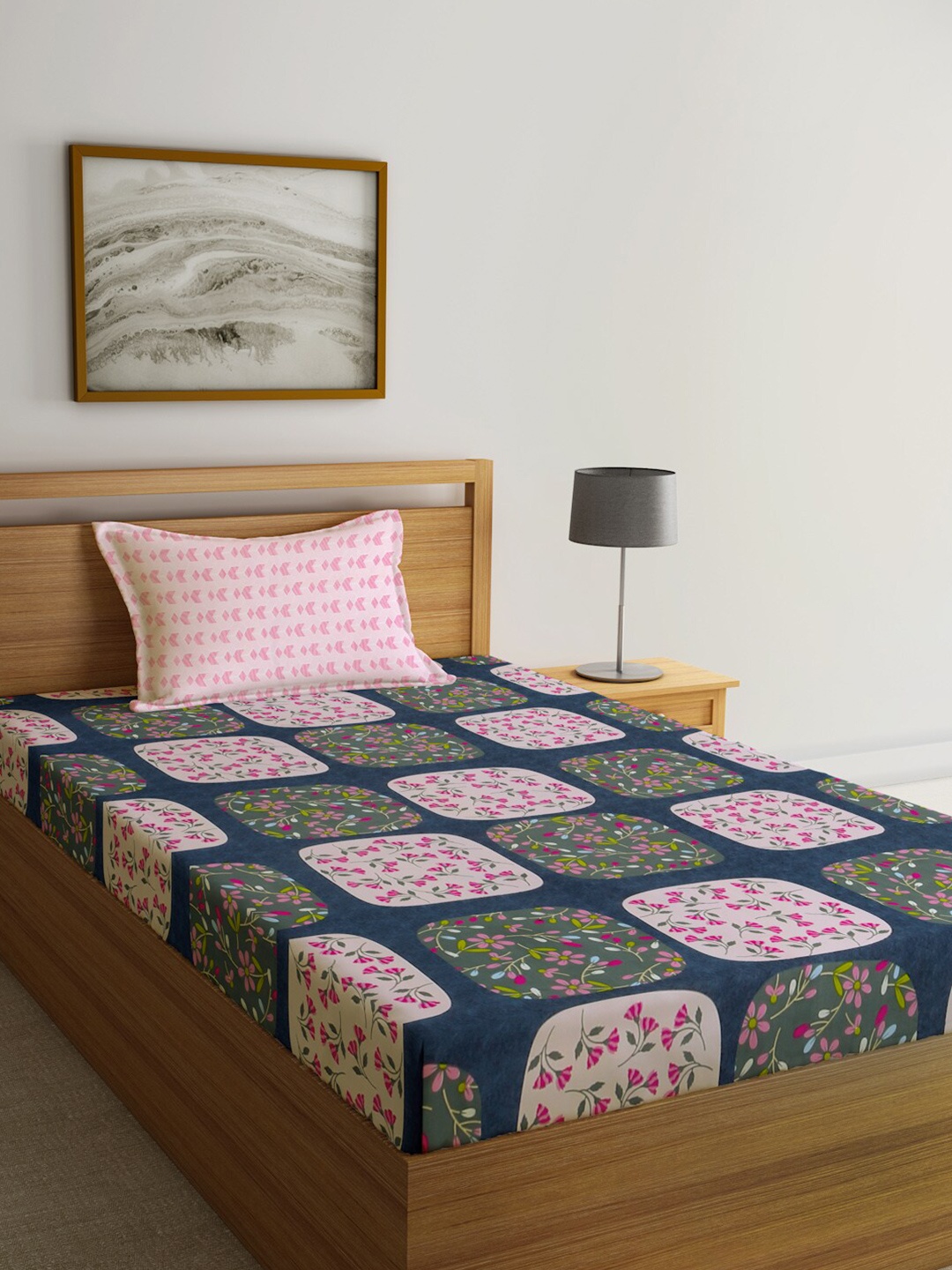 

KLOTTHE Book Fold Blue & Pink Floral-Printed 300TC Fitted Single Bedsheet & Pillow Cover