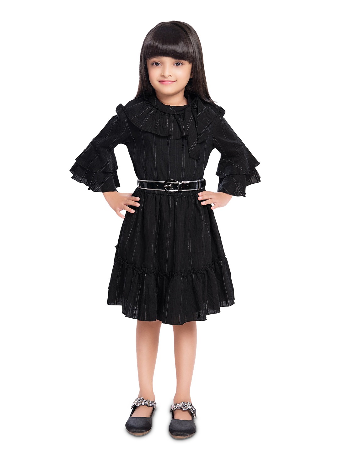 

Tiny Baby Girls Striped Bell Sleeves Fit & Flare Dress With Belt, Black