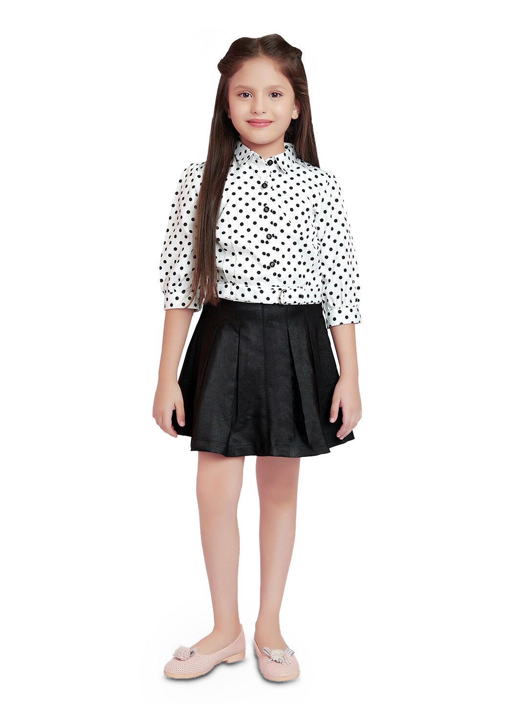 

Tiny Baby Girls Printed Puff Sleeves Shirt with Skirt, Black