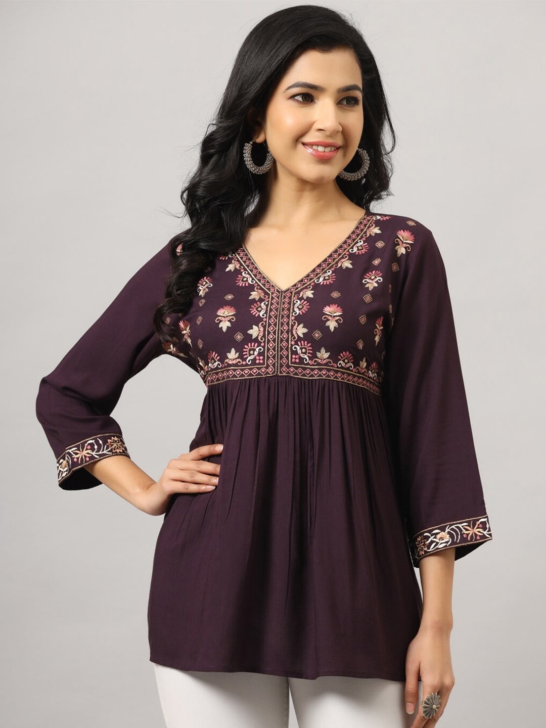 

Amchoor Floral Embroidered V-Neck Empire Top, Burgundy