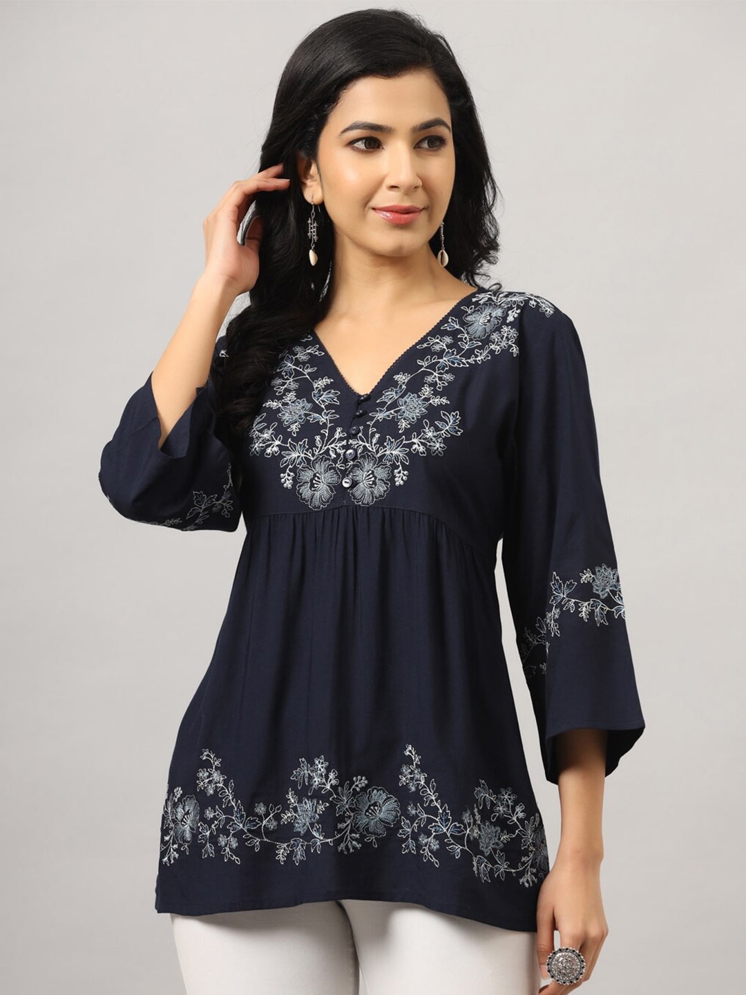 

Amchoor Floral Embroidered V-Neck Empire Top, Navy blue