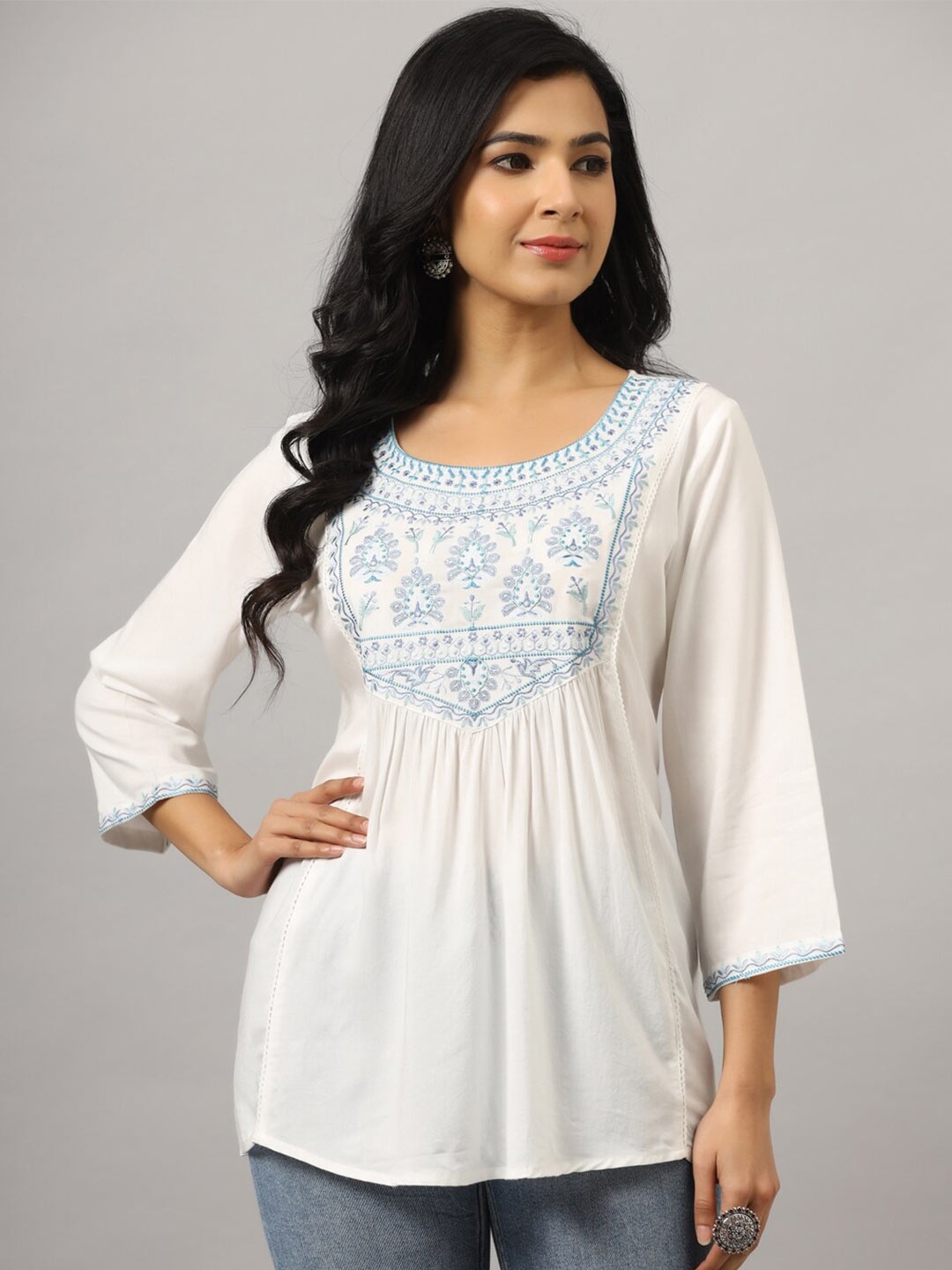 

Amchoor Floral Embroidered Round Neck Empire Top, White