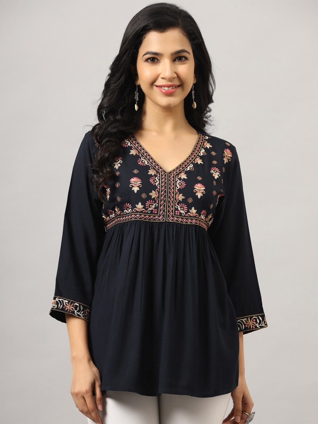 

Amchoor Floral Embroidered V-Neck Empire Top, Navy blue