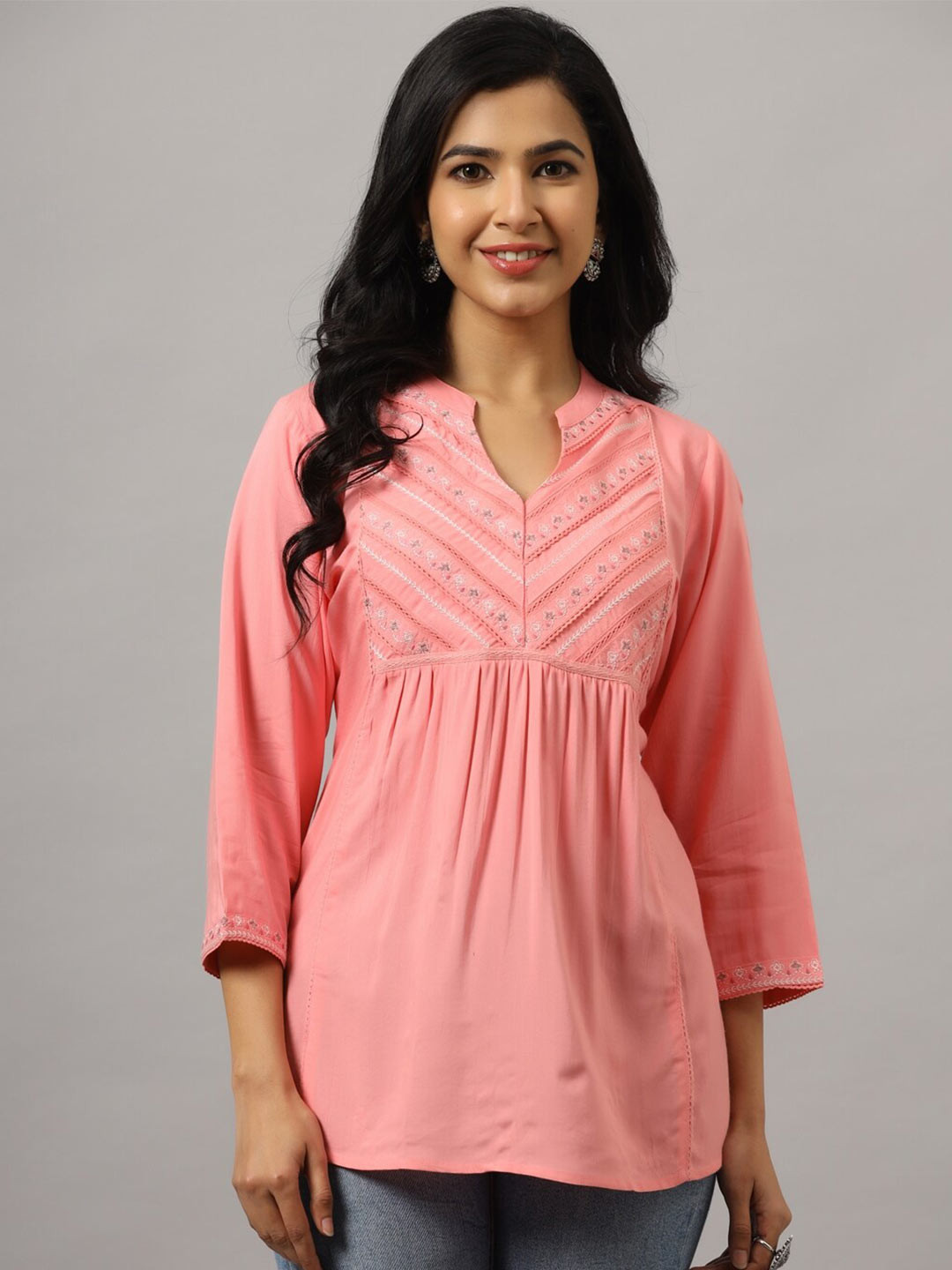 

Amchoor Floral Embroidered V-Neck Empire Top, Pink