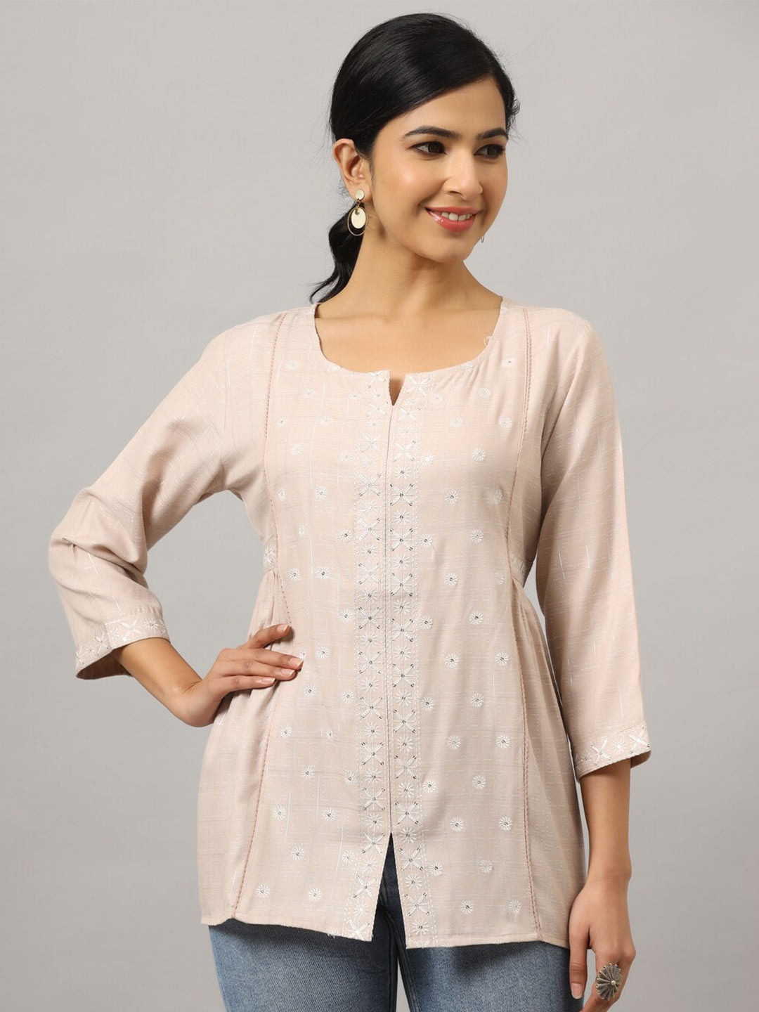

Amchoor Floral Embroidered Casual Top, Champagne