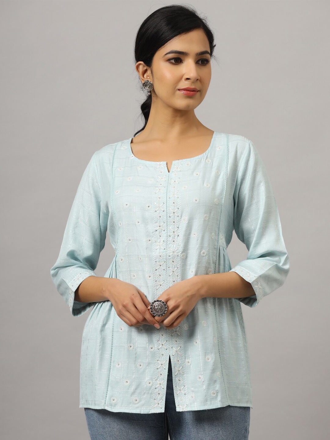 

Amchoor Floral Embroidered Casual Top, Blue