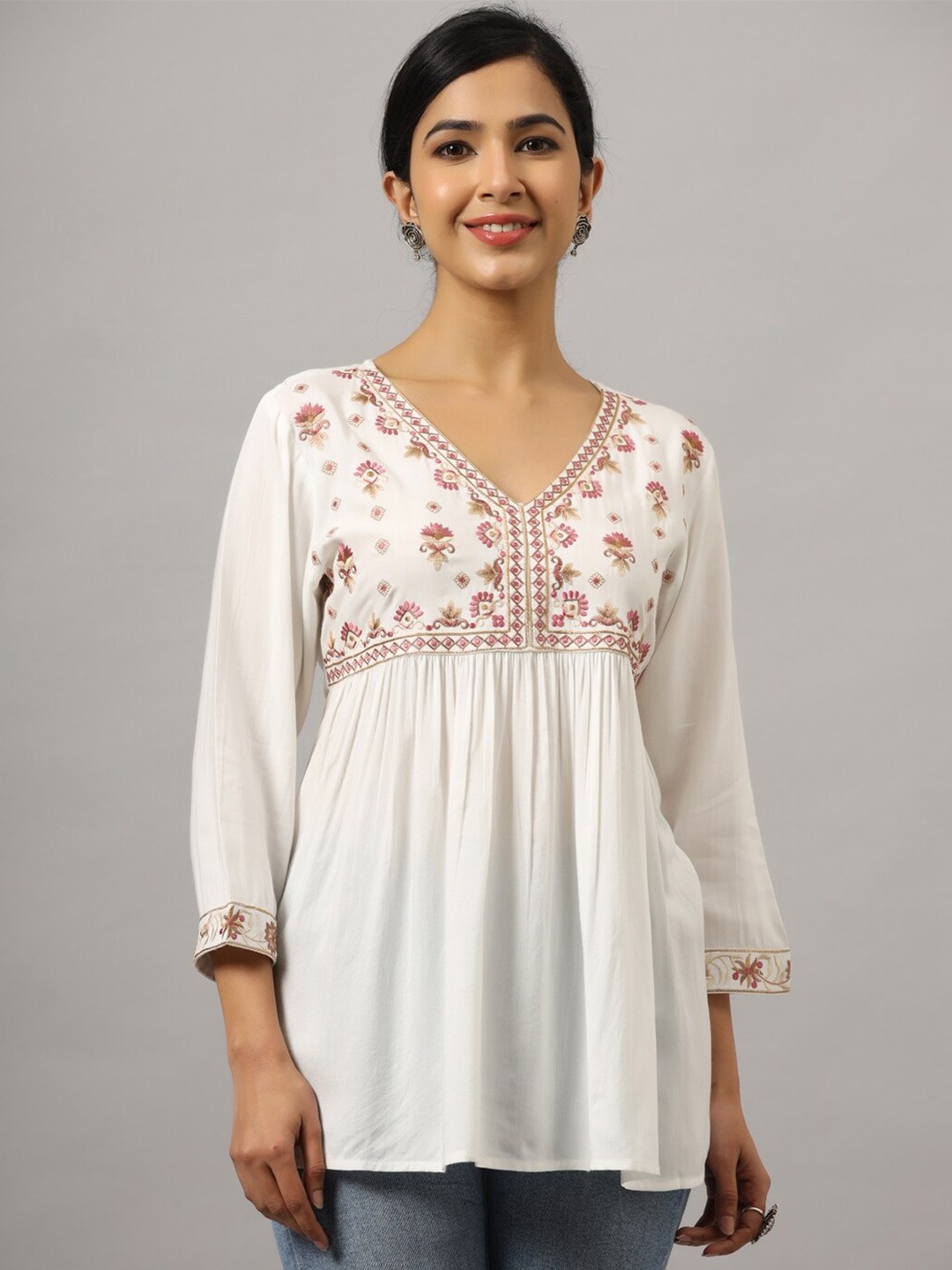 

Amchoor Ethnic Motifs Embroidered A-Line Top, White
