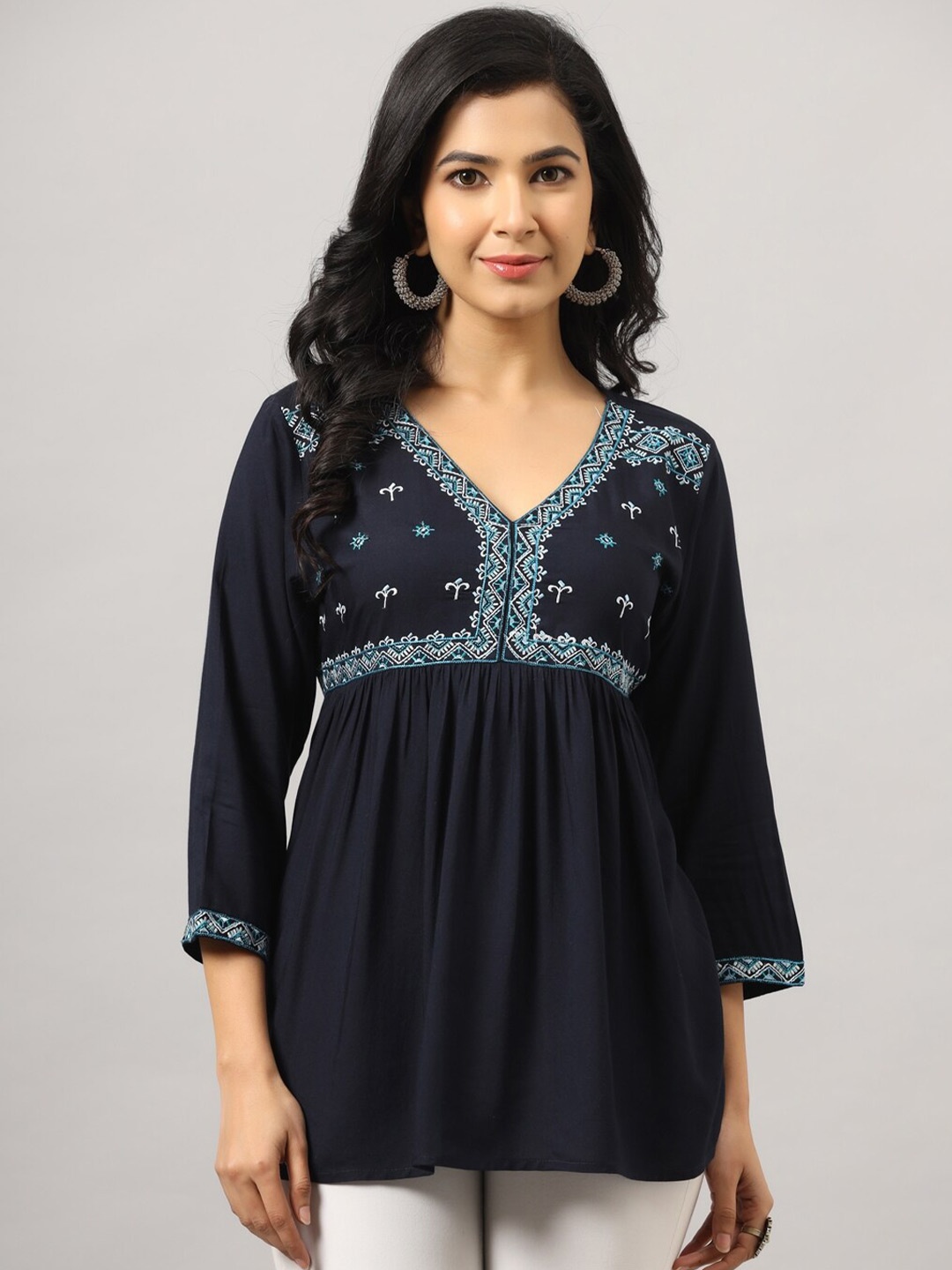 

Amchoor Ethnic Motifs Embroidered A-Line Top, Navy blue