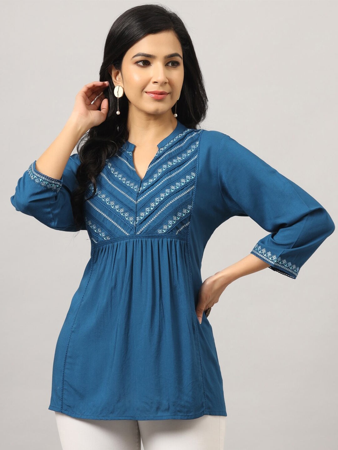 

Amchoor Embroidered Mandarin Collar Liva Top, Blue